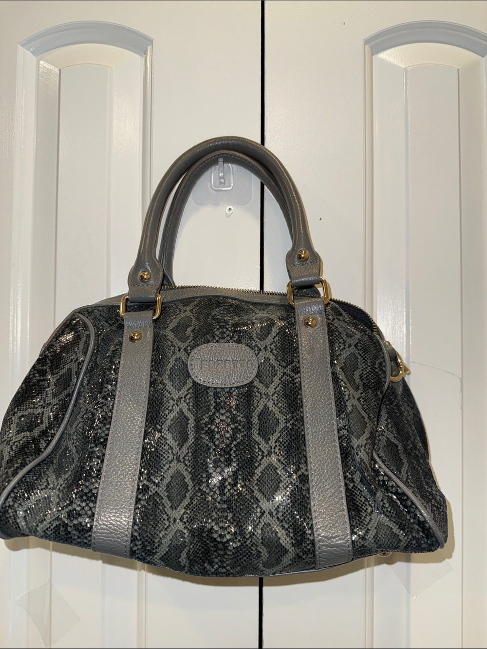 Terzetto‎ Gray Snake-Print Satchel with Gold Hardware